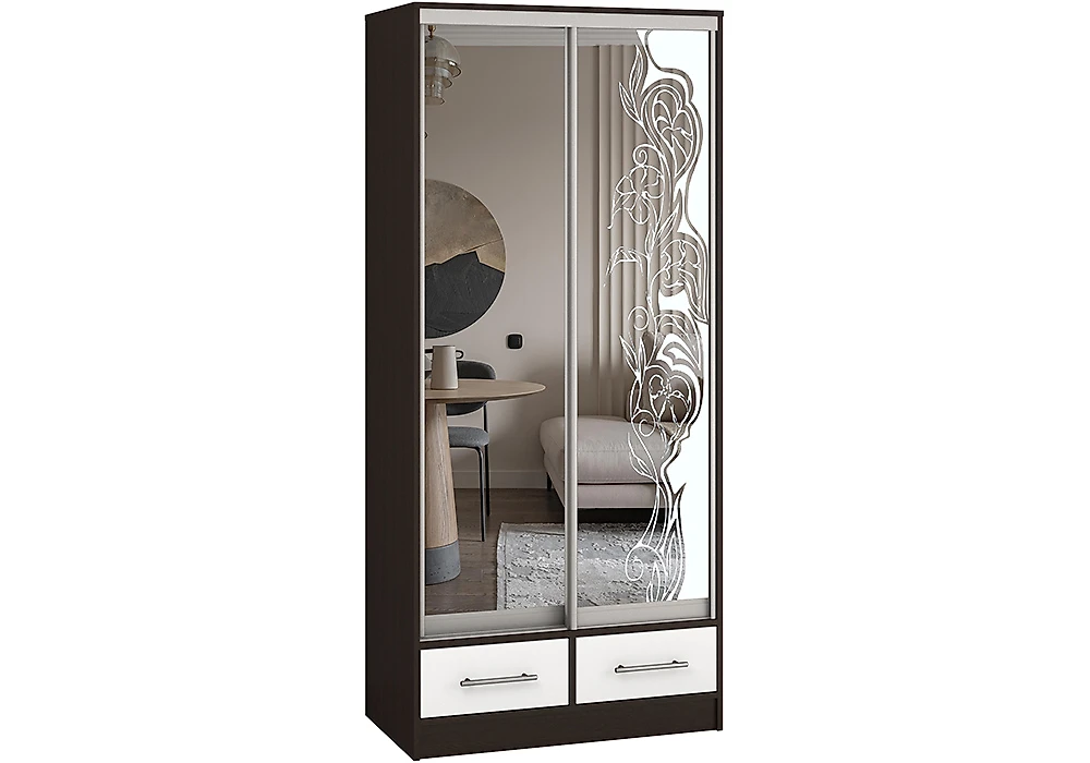 Чёрный шкаф Версаль-90 Зеркало/Зеркало пескоструй Дизайн-1