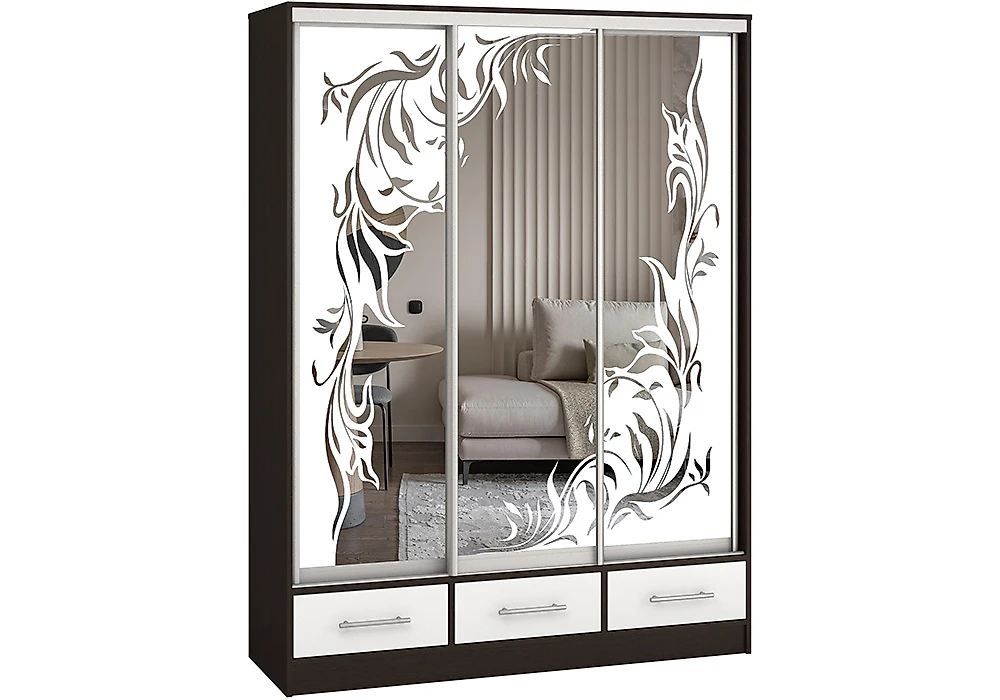 Чёрный шкаф Версаль-150 Зеркало пескоструй Дизайн-1