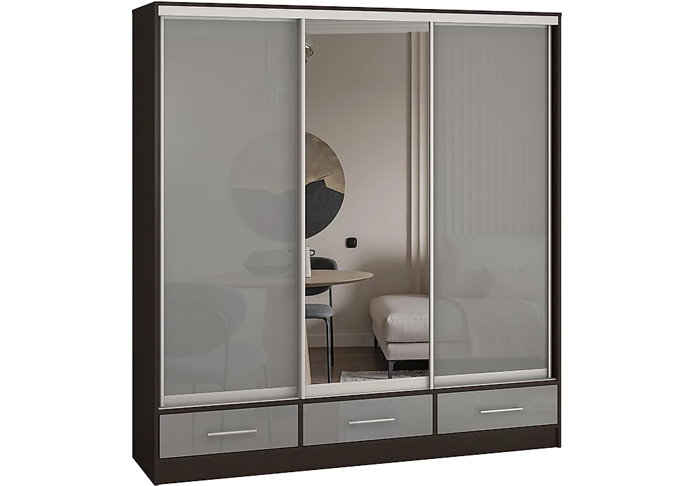 Шкаф серого цвета  Версаль-190 3 двери МДФ-Зеркало-МДФ Дизайн-1